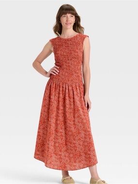 Women’s Smocked Midi A-Line Dress Universal Thread Rust Floral M NWT Boho Flowy